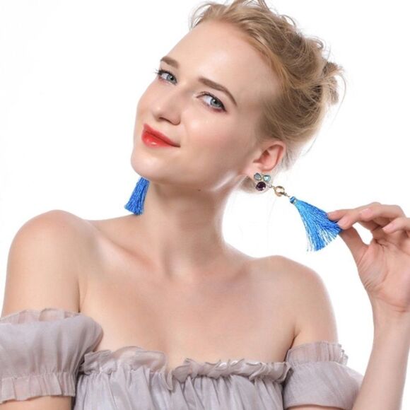 Blue Tassel Fringe Floral Crystal Rhinestone Gold Dangle Statement Earrings - Picture 5 of 11